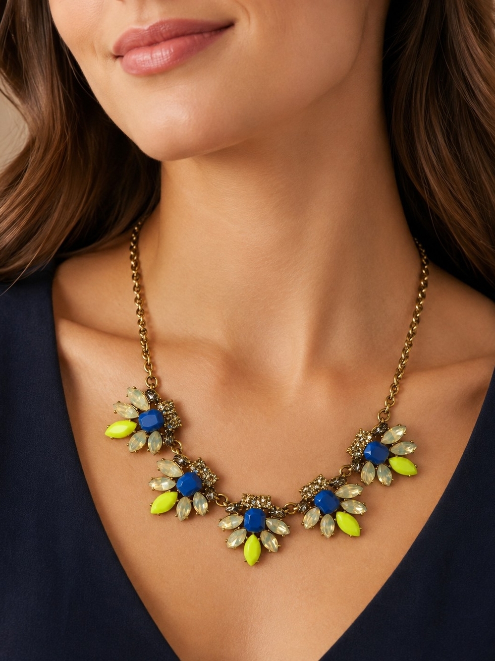 J. Crew Blue and Neon Yellow Floral Cluster Necklace